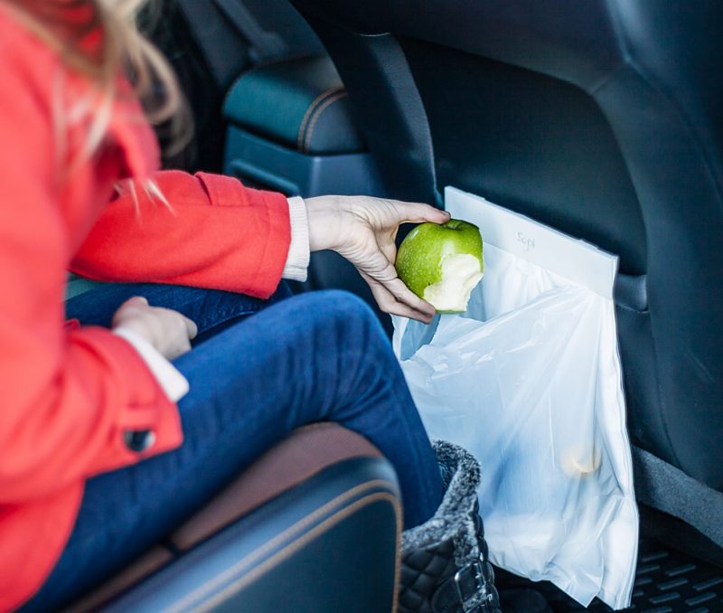 person i säte slänger ett äpple i en uppsatt soppåse